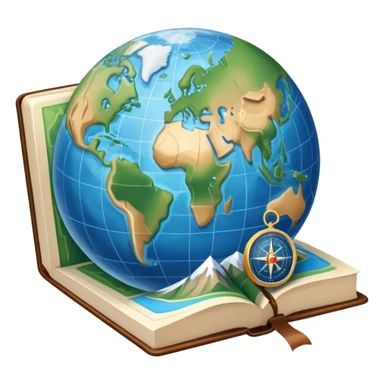 an icon featuring an earth with attitude and longitude lines, a textbook, and a topographic map, symbolizing geography as a science. The design includes a compass, mountain ranges, and rivers, representing the study of Earth's features and landscapes. Transparent background highlights geography. sticker