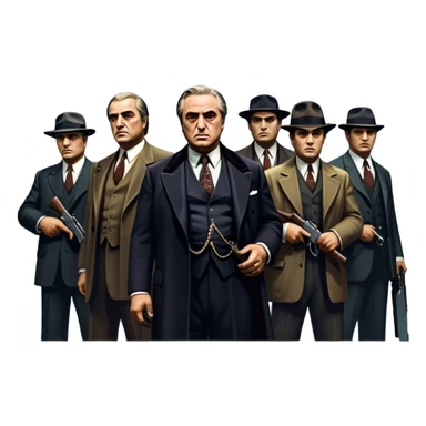 A vintage movie poster-style design featuring Don Vito Corleone surrounded by gangsters with Tommy guns. Include a dark, moody noir atmosphere with skyscrapers of New York in the background. The scene should be tense and mysterious, with a retro cinematic feel. Transparent background. sticker