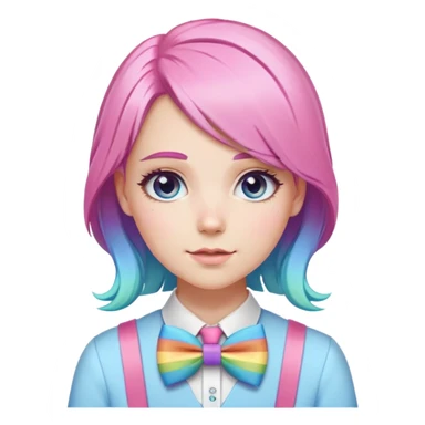 white girl with pastel rainbow hair and pastel rainbow accessories with a pink uniform and a blue bow tie  sticker