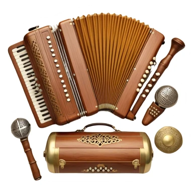 Create a colorful and cultural humanless emoji representing folk singing. The design should feature a collage of traditional folk instruments, such as a wooden flute (dudka), a button accordion (harmon), a set of gusli, and a tambourine (buben), all arranged in a harmonious, flowing design around a vintage microphone. The instruments should have earthy, natural tones like wood browns, brass accents, and vibrant colors reflecting their folk origins. Add subtle musical notes to tie the elements together, symbolizing the power of folk music. The background should be transparent. sticker