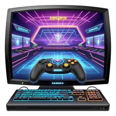 An icon featuring a gaming monitor displaying an intense esports competition, with players' hands on controllers and keyboards. A digital scoreboard and glowing energy lines surround the scene, symbolizing the excitement of competitive gaming. Transparent background highlights the world of esports. sticker