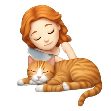 sleeping girl ginger hair laying next to gray tabby cat sticker
