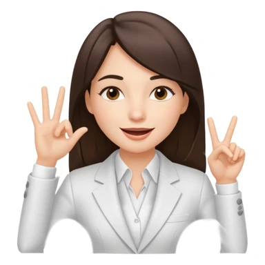 brunette girl wearing a white suit, with straight hair, making a "be quiet" gesture sticker