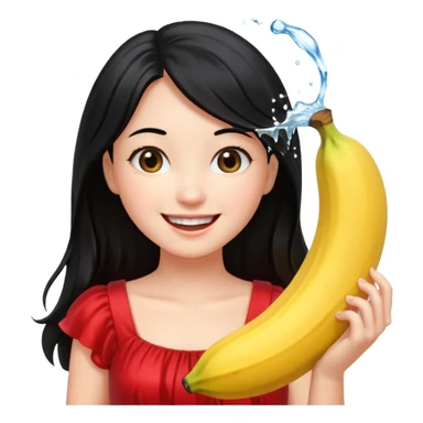 a water splashing banana above a girl with black hair and red dress sticker