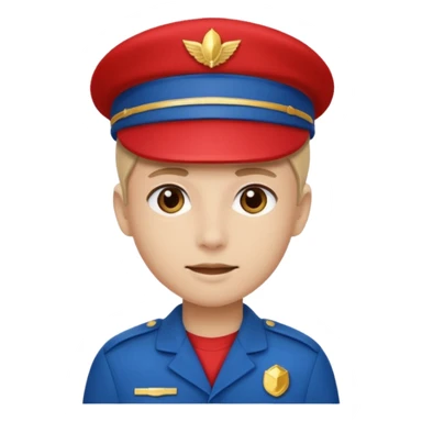 Vendeur comptoir habiller en rouge portant une casquette bleu sticker