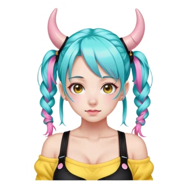 En anime-jente med to rosa lange tykke fletter og cyan striper i håret, ku-horn og ku-ører, sort BH-topp over en gul cropped-fleece-blouse sticker