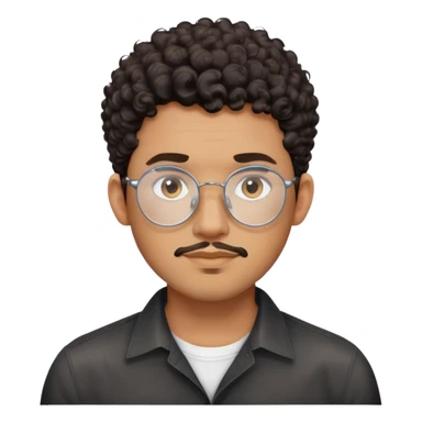 Man with oval-shaped face, large oval metallic glasses, dark curly short hair with high fade, light brown complexion, gentle expression, black button-up shirt sticker
