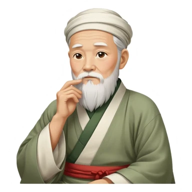 Old oriental sage with white beard and traditional Chinese clothing in contemplative pose, looking thoughtful with hand on chin sticker