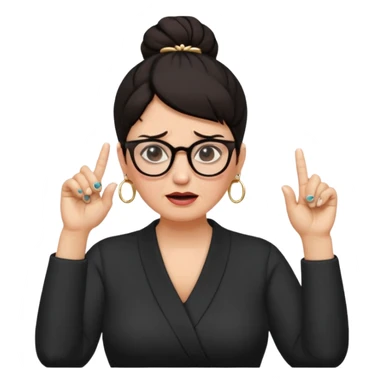 middle aged woman with dark hair pulled up in a high bun, wearing round ring earrings and glasses blocking her ears with her index finger, with a very painful expression on her face  because she cannot stand hearing a terrible singer who is too loud and out of tune.   sticker