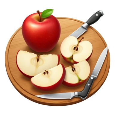 A round wooden board with a whole apple and several slices on it and knife sticker