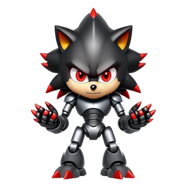 Angry robotic Shadow the Hedgehog with black metal body, red glowing eyes, chrome highlights, and robotic arms crossed sticker