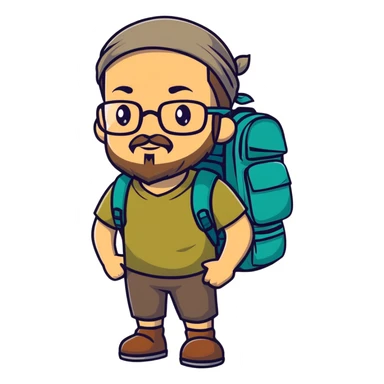 adventurer with goatee beard (no beard on cheeks), short hair, glasses, bandana on head and backpack sticker