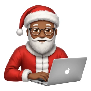 Jeune développeur homme de teint noir, assis devant un ordinateur portable affichant du code, dans une ambiance de week-end festive. À côté de lui se tient le Père Noël, souriant, portant sa tenue traditionnelle rouge et blanche.  sticker