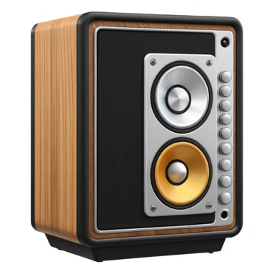 3D render of Speaker Stack, vintage 1980s audio equipment aesthetic, tactile analog buttons, matte black cabinet with a large white cone center, mixed wood grain and brushed aluminum textures, Apple emoji style, isolated on white background --v 6.0 sticker