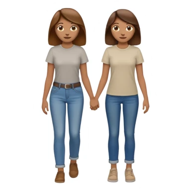 based on emoji style, two people walking together, They are not holding hands. one is brown-haired woman, wearing a shirt,  Another one is a non-binary person, wearing t shirt and jeans, and the second person doesn't have anything on their hands.  sticker