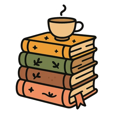 A cute stack of books with a cozy and magical vibe, each book bound in soft, harmonious colors: golden orange (FA9B41), forest green (4A7C5C), warm taupe brown (96775A), and pastel peach (FFCC9A). The books are slightly worn with rounded corners and decorative covers featuring tiny stars, floral motifs, or whimsical patterns. A ribbon bookmark peeks out from one, and a small cup of tea or magical trinket rests on top of the stack. The lighting is warm and gentle, with a dreamy, storybook feel. The overall scene feels inviting, charming, and gently enchanted. sticker