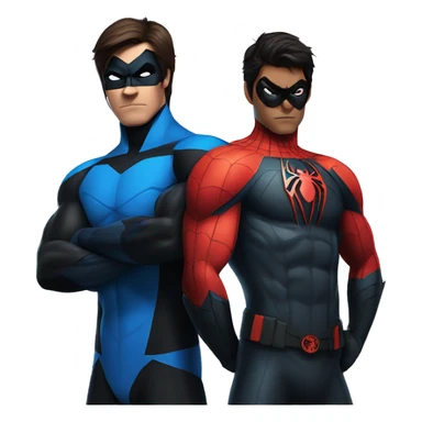Nightwing standing with arms crossed back to back with Spider-Man standing with arms crossed sticker