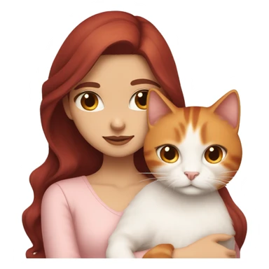 girl with long very dark red hair and brown eyes and light pink outfit hugging a white & ginger cat  sticker