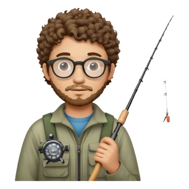 A young adult man with short curly brown hair, round glasses, light beard, wearing fishing gear and holding a fishing rod. sticker