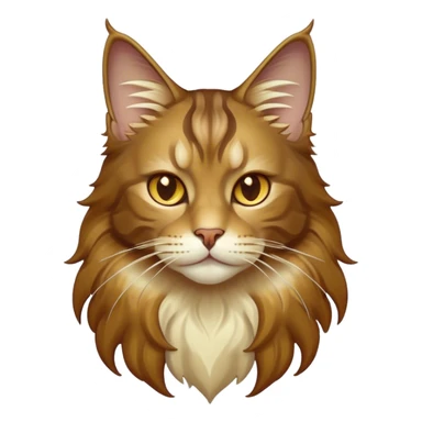 Cinematic Maine Coon Cat Portrait Emoji, Elegant and alert, sleek brown, gold, and cream tones, Simplified yet sharp features, highly detailed, glowing with a warm, confident glow, high shine, intelligent and poised, stylized with an air of grace, focused and attentive, soft glowing outline, capturing the essence of strength and grace, so lifelike it feels as though it could spring into motion with its majestic tail swishing at any moment! sticker