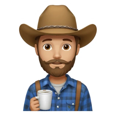 generate an ios genmoji of a 20 year old tan boy with a cowboy hat and french beard. Wearing a flannel and carrying a coffee mug sticker