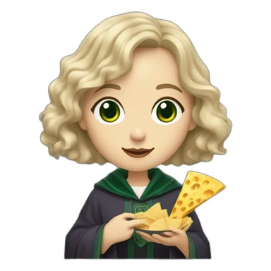 Slytherin girl with short wavy ash blonde bob hair and blue eyes eating chips and cheese hogwarts robe sticker