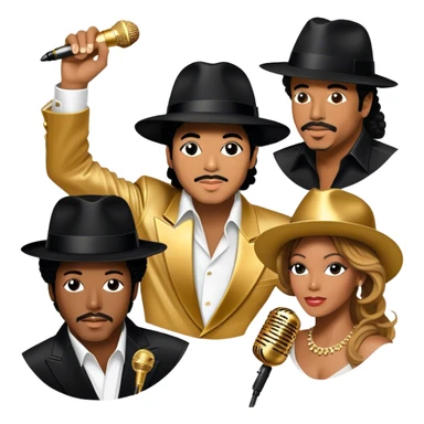 Icon for R&B Music: collage of iconic R&B artists—Michael Jackson, Beyoncé, Lionel Richie, Whitney Houston, and Barry White. Each artist represented by a silhouette or symbolic item (like a glove, microphone, or fedora). Transparent background. sticker