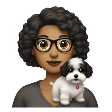 Light brown woman with black hair and black  glasses holding white MaltiPoo sticker