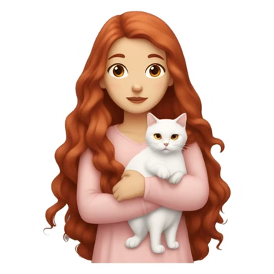 girl with very long dark red hair and brown eyes and light pink outfit hugging a white and ginger scottish cat  sticker