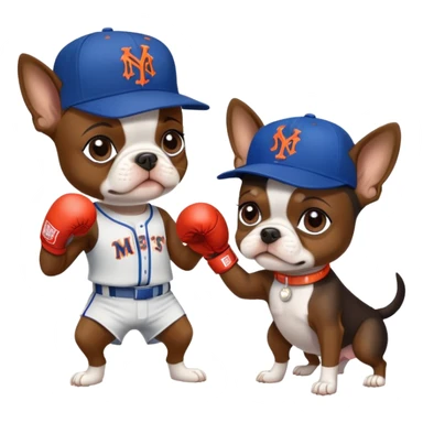 Brown Boston terrier wearing a New York Mets hat boxing a Yorkie with a New York Yankees hat sticker