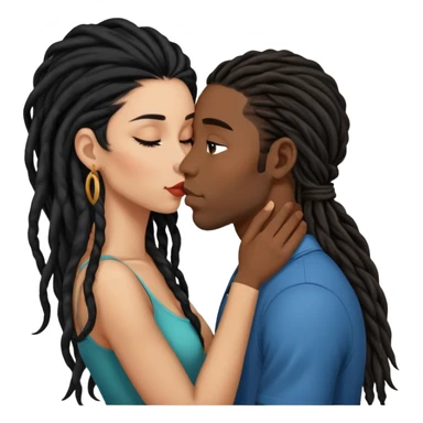 Latina Woman with long hair kissing a young black guy with dreads chin hair sticker