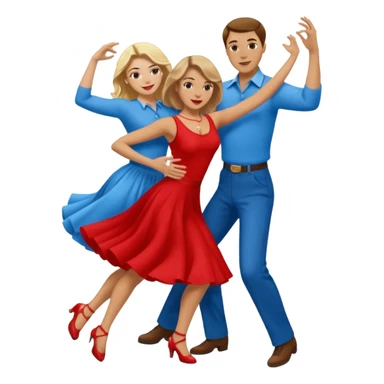 Two people. Man  wearing all red  with brown hair. Women iall blue with blond hair. Swing Dancing.  sticker