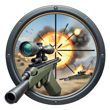 An icon symbolizing first-person shooter games. The design features a circular sniper scope view with crosshairs aimed at a distant target. The background shows a battlefield with soldiers and explosions, capturing the action-packed intensity of FPS games. Transparent background. sticker
