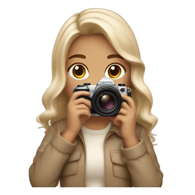An aesthetic girl photographer holding a camera (in beige, neutral tones) light skin tone, mid hair length with light waves sticker