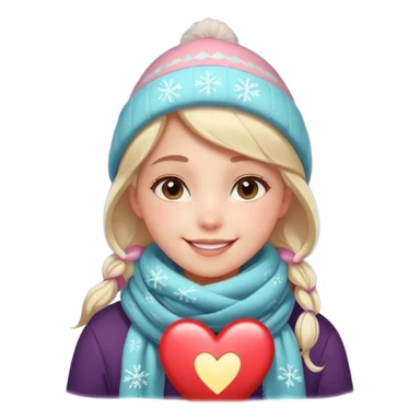 A cute, warm Christmas emoji-style illustration for a romantic A cozy winter atmosphere, soft pastel colors, gentle lighting. A sweet smiling girl with a warm scarf, glowing Christmas lights, snowflakes, and a small heart symbol. clean lines, closeness, and affection.
 sticker