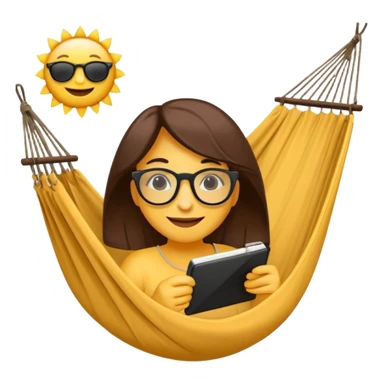 Créer un emoji stylisé et coloré représentant le week-end, joyeux et relaxant. L’emoji doit être rond, lumineux, avec un visage souriant ou des lunettes de soleil teint noir. Ajouter des éléments évoquant le repos ou le plaisir : café, hamac, soleil, musique, détente.  sticker