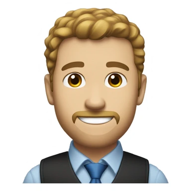 A white man who looks about 25 years old, light-skinned with well-groomed brown hair and a slight goatee. He is wearing a blue shirt, a gold tie, and a black vest. He is smiling. sticker