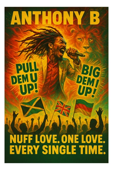 A vibrant reggae-inspired poster scene featuring Anthony B in full performance energy — dreadlocks flying, mic in hand, mid shout, pulling up the riddim. The background is a glowing fusion of red, gold, and green flames with lion imagery and subtle cosmic light trails. Around him, the words “Pull Dem Up! Big Dem Up!” explode like soundwaves. Below, a crowd of diverse viewers is shown — silhouettes of people from all nations, hands raised, flags waving (Jamaica, UK, Africa, etc). In bold text across the bottom: “Nuff Love. One Love. Every Single Time.” sticker