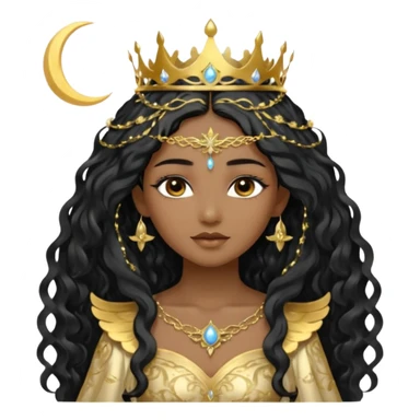 a black beautiful angel with gold pattern on her face and and long wavy black hair, she wears a ethereal crown with sparkling strings and a beautiful sparkling golden gown with moon crest in the middle of the gown, her face calm, gentle and kind, magical aura around her sticker