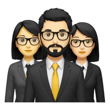 A work group avatar.Layout: two men (middle), two women (sides). Left woman: yellow skin, long black hair, glasses. Middle-left man: yellow skin, short black hair, thick black beard, shirt. Middle-right man: yellow skin, short black hair, no beard, suit. Right woman: yellow skin, long black hair.  sticker