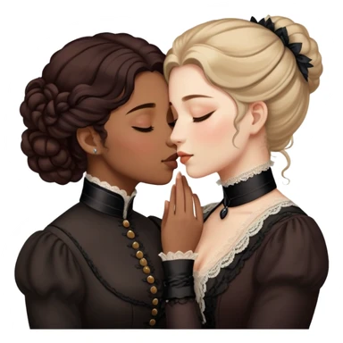 Victorian era lesbian couple kissing tenderly, eyes closed, different hair colors, wearing elegant dark period clothing sticker