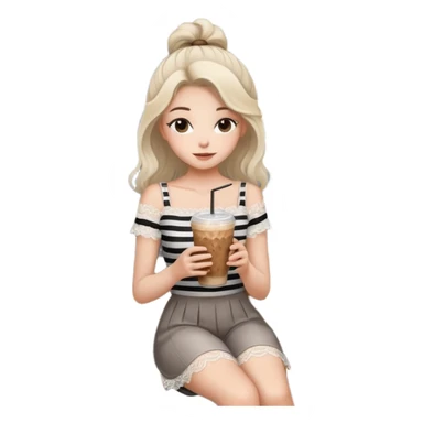 Minimalist girl holding an iced coffee in a chic cafe setting, white lace top, soft natural hair, modern gray striped wall, wooden bench, aesthetic and cozy mood ☕🌿🤍” sticker