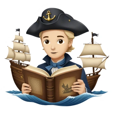 Reading Fiction: a sailing ship made of book pages floating on waves, with swashbuckling musketeers on horseback and a detective silhouette resembling Sherlock Holmes in the background. The icon should capture the adventurous and romantic spirit of classic literature. Transparent background. sticker