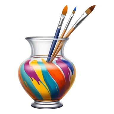 Glass painting icon, colorful brushstrokes on a glass vase, intricate painted patterns on the surface, visible fine paintbrush and palette beside it, no liquid inside the vase, minimalistic style, clean lines, transparent background. sticker