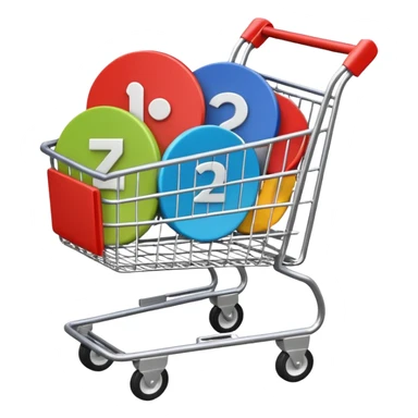 shopping cart containing several circular play button symbols, colored #DEEB52 and #102C3D, no red sticker