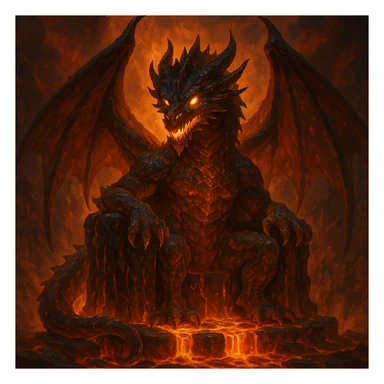 fire lord dragon, sitting on a throne of lava, glowing eyes, fantasy art, fantasy style sticker