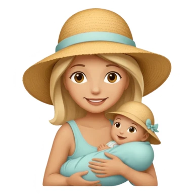 A mom in a sunhat holding her baby gently while smiling softly. sticker