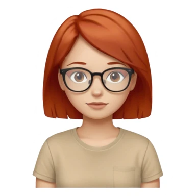 girl short-layer-red-hair wear beige T-shirt, wear glasses sticker