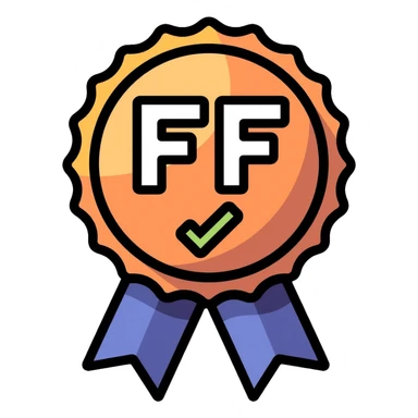 Gaming achievement badge with FF and a verification checkmark, gaming medal style, esports badge sticker