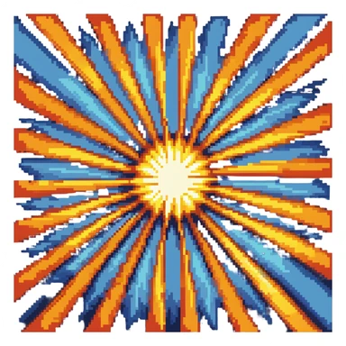 Bomberman explosion center tile animation frame 2, full size bright fiery explosion core, yellows and oranges radiating from center, peak of explosion sticker